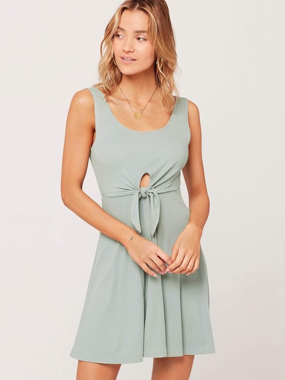 L Space Topanga Ribbed Scoop Neck Mini Dress in Sage Green